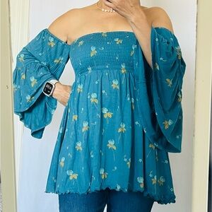 Free People Blue Smocked Tiered Mini Top NWOT